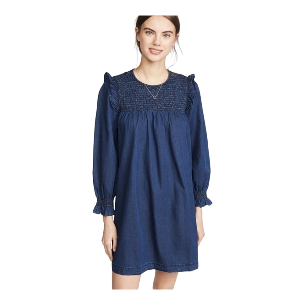 NWT Madewell Indigo Ruffle Neck Smoked Babydoll Dress Medium